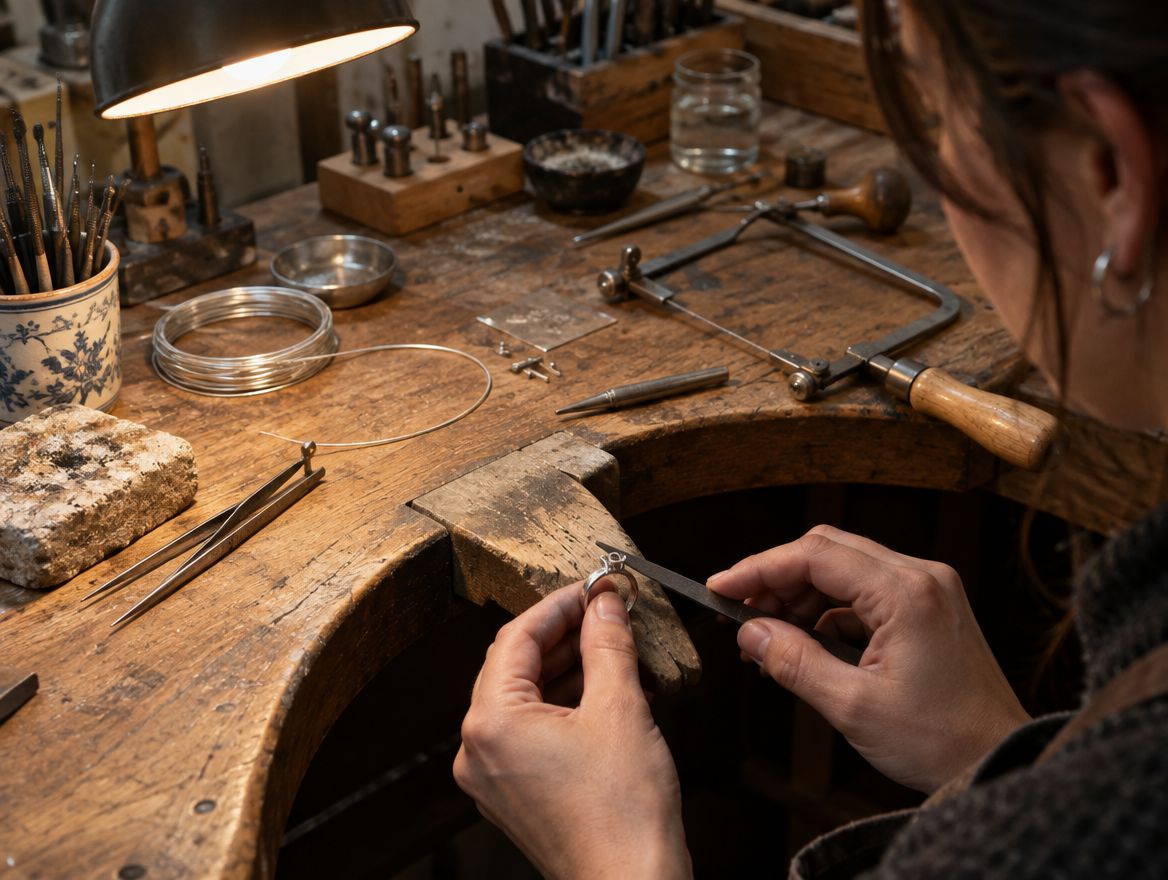 A jeweller’s hands sawing silver at a wooden workbench